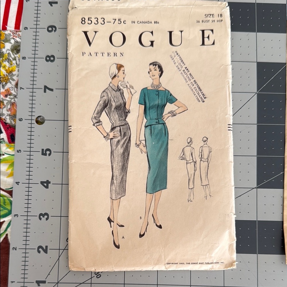 Vogue 8533 Vintage 1955 Two-Piece Dress Pattern, Size 18 (36 Bust) Complete